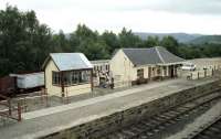 The buildings that formed Aviemore Speyside station in August 1994 as viewed from the footbridge over to the island platform. The main station building had come from Dalnaspidal, the signal cabin, which was to be used as a passenger shelter, from Strome Ferry.<br><br>[John McIntyre /08/1994]