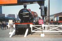 Midland compound 1000 is part of an exhibition held to celebrate the 50th anniversary of the Institution of Locomotive Engineers, held in Marylebone goods yard in May 1961. Other locomotives on display include 71000 <I>Duke of Gloucester</I> (left) and 60022 <I>Mallard</I> (immediately behind no 1000).<br><br>[Ewan Crawford Collection /05/1961]