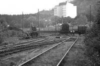 Looking south towards Aviemore station in June 1974 with the Strathspey Railway line from Boat of Garten in the foreground. The p-way squad involved in the relaying of track which would eventually reconnect the former 60B loco shed, takes a break to watch a lengthy passing train.<br><br>[John McIntyre 16/06/1974]
