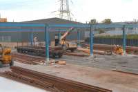 Loading rails in the yard at Baileyfield switch and crossing works in June 1989. [See image 6694]<br><br>[Ewan Crawford 12/06/1989]