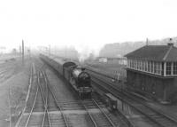 The BLS/SLS <I>Scottish Rambler</I> of 23 April 1962 arriving at Crieff. The special had travelled from Perth via Methven behind NB 256 <I>Glen Douglas</I> before returning via Gleneagles.<br><br>[David Stewart 23/04/1962]