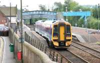 ScotRail 158736 runs south into platform 1 at Dunblane on 22 June 2005, having completed the crossover from platform 3. The train will shortly form the next service south to Newcraighall.<br><br>[John Furnevel 22/06/2005]