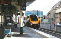 The 0609 Bath Spa - Glasgow Central CrossCountry Voyager stands at the east end of Waverley platform 8 (formerly platform 21) during a crew change on 22 August 2014.<br><br>[John Furnevel 22/08/2014]