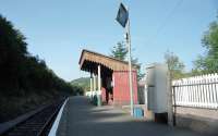 Platform view at Knucklas station, Powys, in 2002, looking west towards Llangynllo.<br><br>[Ewan Crawford //2002]