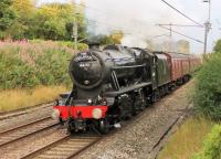 <I>League Champion 2014</I>. The final <I>Fellsman</I> of the year ran on 27th August 2014 and 8F 48151 was the clear winner this year being turned out for seven of the twelve trains. It is seen here on 30th July with a returning service at Barton and Broughton. Runner up was <I>Black 5</I> 45231 with three appearances and <I>Jubilee</I> 45699 made two trips. Diesel support in 2014 included 37516, 37518, 47245 and 47580. [See image 44385] for the 2013 league table when six different locos were used. <br><br>[Mark Bartlett 30/07/2014]