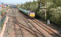 An oil train from the Grangemouth refinery draws to a halt at the signals on the approach to Fouldubs Junction in September 2007. <br><br>[John Furnevel 13/09/2007]