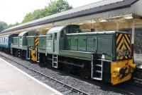 D9544 worked at BSC Corby from 1968 until it was scrapped in 1980. At the <I>Class 14s @ 50</I> ELR Gala D9520 ran in the guise of its Corby stablemate on one trip and is seen here at Bury Bolton St, coupled to D9555, waiting to leave for Rawtenstall. D9520 adopted various identities of scrapped BSC locos during the gala.  <br><br>[Mark Bartlett 26/07/2014]