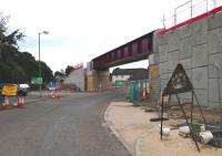 The new railway bridge spanning Wheatlands Road, Galashiels. Photographed on 3 September 2014, looking south towards the town centre. <br><br>[Bruce McCartney 03/09/2014]