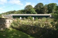 The upgraded/refurbished railway bridge over the Gala Water immediately south of Kilnknowe Junction, photographed on 31 August looking north east from alongside the A72 King Street. [See image 38187] <br><br>[John Furnevel 31/08/2014]