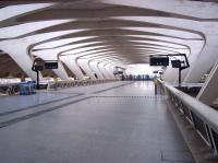 Another <i>busy</i> day at Lyon Saint Exupry TGV station on 8 July 2014. A fantastic building still awaiting its moment. The destination screen showed four departures over the next two hours.<br><br>[Andrew Wilson 08/07/2014]