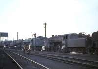 A visit to Kingmoor shed, Carlisle, on Saturday 8 October 1966. Locomotives on shed include 43049 (nearest), 45254, 43139 [see image 30631] and 44671.<br><br>[G W Robin 08/10/1966]