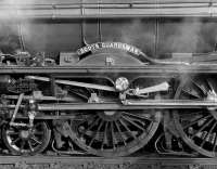 The valve gear and nameplate of 46115 <I>Scots Guardsman</I>, photographed at Carlisle on 7 February 2009 shortly after arrival with <I>The Cumbrian Fellsman</I> charter from Manchester Victoria.<br><br>[Bill Jamieson 07/02/2009]