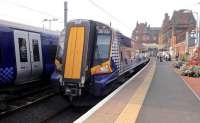 The 10.30 from Glasgow Central rolls gingerly to a halt in bay Platform 1 at Ayr on 12 September.<br><br>[Colin Miller 12/09/2014]