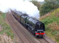 Ex LMSR Pacific 46233 <I>Duchess of Sutherland</I> with the morning SRPS <I>Forth Circle</I> special passing the former Cowdenbeath North Junction, on 14 September 2014.<br><br>[Bill Roberton 14/09/2014]