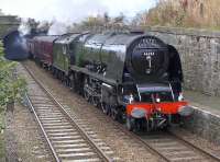 Ex-LMSR 46233 <I>Duchess of Sutherland</I> with the morning SRPS <I>Forth Circle</I> entering Kinghorn station on 14 September.<br><br>[Bill Roberton 14/09/2014]