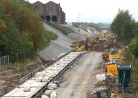 Platform construction underway at Newtongrange on 14 September 2014. The Lady Victoria Colliery site on the left is home to the Scottish Mining Museum and will be linked to the new station via a footpath.<br><br>[John Furnevel 14/09/2014]