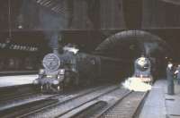 BR Standard tank 80004 stands alongside NB 256 <I>Glen Douglas</I> at St Enoch on 28 August 1965. The latter is preparing to set off with the RCTS <I>Fife Coast Rail Tour</I>.<br><br>[G W Robin 28/08/1965]