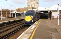 A class 395 emu awaits its departure time at Margate station on 14 September 2014 with a Southeastern service to St Pancras. The route is a little indirect with the train travelling via Ramsgate, Canterbury West and Ashford before joining HS1 for the final high speed leg into the London terminus.<br><br>[John McIntyre 14/09/2014]