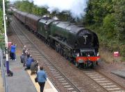 Photographers lined up along the platform at Dalgety Bay on 14 September 2014 as the afternoon SRPS <I>Forth Circle</I> special enters the station behind Stanier Pacific 46233 <I>Duchess of Sutherland</I>. <br><br>[Bill Roberton 14/09/2014]