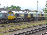 Freightliner operated class 66 locos stabled in the yard behind Bristol Parkway down platform on the morning of 4 June 2014. Nearest the camera is DRS liveried 66413, followed by 66597, 66549 and 66514.<br><br>[David Pesterfield 04/06/2014]