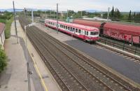 A Caravelle unit operated by Train du Pays Cathare et du Fenouilldes (TPCF) enters Rivesaltes Station in Roussillon, France.  The Trains Touristique operate over the 60 km line between Rivesalte and Axat which is also used by freight.  In summer the Caravelle unit is scheduled to operate to either Caudis or St Paul where passengers transfer to a train of open and covered carriages hauled by a diesel locomotive to Axat to take full advantage of the splendid scenery of the Aude valley. <br><br>[Malcolm Chattwood 21/09/2014]