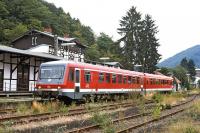 The station at Bad Lauterberg must have been a very attractive location at one time but has clearly gone to seed by 2004, following the withdrawal of freight services around the turn of the millennium. In fact the short branch from Scharzfeld, of which it was the terminus, has since closed completely, and Bad Lauterberg is now served by a halt on the nearby Northeim to Nordhausen line. On 27th August 2004 dmu set 628 + 928 204 waits to depart on the 11:05 through working to Braunschweig.<br><br>[Bill Jamieson 27/08/2004]