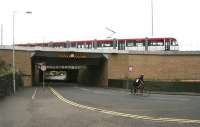 A city bound tram crossing Russell Road between Murrayfield and Haymarket on 28 September. The 'Y' shape of the bridge is due to the provision for a junction at its east end [see image 48857].<br><br>[John Furnevel 28/09/2014]