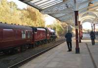 Jubilee 45699 <I>Galatea</I> sets off from Hellifield Up Goods Loop on 4 October 2014 after a water stop with the returning <I>Cumbrian Mountain Express</I>. The special will now head for Farington Junction where 86259 will take over the train for the last leg of the journey to London.<br><br>[John McIntyre 04/10/2014]