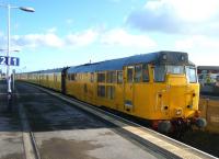 Platform 1 at Blackpool North on 24 September playing host to 31465 and the Network Rail test train.<br><br>[Veronica Clibbery 24/09/2014]