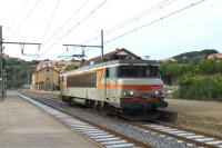 SNCF 25kV B-B locomotive No 107277 runs light through Collioure on 23 September 2014 heading towards the border station of Cerbre<br><br>[Malcolm Chattwood 23/09/2014]