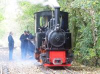 O&K 0-4-0 WT&T <I>Utrillas</I> in the loop at Delph waiting for the next passenger train whilst a diesel and set of skips immediately behind attempts to create a smokescreen during the WLLR Autumn Gala on 5 October 2014.<br><br>[John McIntyre 05/10/2014]