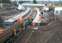 Lengths of new track being laid at Shawfair during the media event on the morning of 9 October 2014.<br><br>[John Furnevel 09/10/2014]