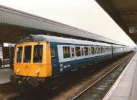 A <I>Valley Train</I> branded DMU waits at Cardiff Central platform 6 in 1988 with the next service to Rhymney.<br><br>[Ken Strachan //1988]