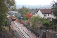 Looking south towards the new Eskbank station on 14 October with 66726 on the tracklaying train.<br><br>[Bill Roberton 14/10/2014]