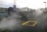 45690 <I>Leander</I> at Lancaster on 16 October. The Jubilee had left Carnforth just before midday on a test run, complete with support coach. The test involved a round trip to Hellifield, returning to Carnforth around 4 hours later.<br><br>[John McIntyre 16/10/2014]