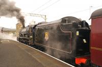 45690 <I>Leander</I> reverses into platform 2 at Carnforth on 16 October 2014 to get into position for a test run to Hellifield. Now in early BR lined black livery it will make an interesting comparison with 45699 <I>Galatea</I>.<br><br>[John McIntyre 16/10/2014]