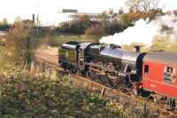 Jubilee 45690 <I>Leander</I> running tender first with a support coach on the return test run from Hellifield to Carnforth on 16 October 2014. The train is seen here approaching a sunny Bentham.<br><br>[John McIntyre 16/10/2014]