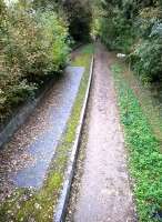 Great Linford was one of two intermediate stations on the line between Wolverton and Newport Pagnell. This distinctly leafy October 2014 view looks towards the branch terminus [see image 27539].<br><br>[Ken Strachan 20/10/2014]