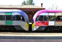 <I>'Ooooh! Suit you sir!'</I> Livery courtesy Newport Workshops - VLocity DMUs at Woodend, Victoria, September 2014.<br><br>[Colin Miller 29/09/2014]