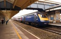 A westbound HST departs from Chippenham on 18 October 2014. The train is the 1252 First Great Western London Paddington - Bristol Temple Meads.<br><br>[John McIntyre 18/10/2014]