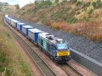 DRS 68002 nears Gleneagles with the Mossend - Aberdeen intermodal on 23 October.<br><br>[Bill Roberton 23/10/2014]