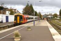 Looking north along the platform at Yeovil Pen Mill on 20 October 2014.  SWT 158886 is waiting to depart ecs for Salisbury via Castle Cary and Westbury.<br><br>[John McIntyre 20/10/2014]