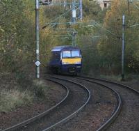 320308 emerges from the undergrowth which partially obscures the flats in Cumbernauld Road as the 0955 service to Dalmuir approaches Duke Street station on 31st October 2014.<br><br>[Colin McDonald 31/10/2014]