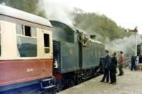 Caledonian liveried Fairburn tank 2085 waits to leave Haverthwaite with a train for Lakeside in 1975.<br><br>[Colin Miller //1975]