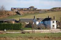 GBRf 66733 and 66739 with the rail train laying the down line on Borthwick Bank on 3 November 2014.<br><br>[Bill Roberton 03/11/2014]