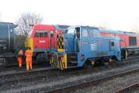 Discussion time at Strand Road on 5 November as 60040 <I>The Territorial Army Centenary</I>, newly arrived from Lindsey, is uncoupled from the loaded bitumen tanks. RSR Sentinel <I>Enterprise</I> waits on the centre road to trip the tanks to the terminal. <br><br>[Mark Bartlett 05/11/2014]