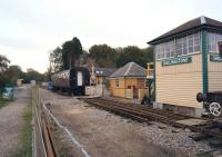 Recreating a small section of the S&DJR at Shillingstone with the track relaid through the Up Platform and the station buildings restored and signalbox replaced. Scene on 22 October 2014 looking south towards Blandford Forum. <br><br>[John McIntyre 22/10/2014]