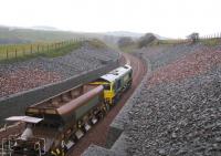 Looking north towards Gorebridge on a wet and windswept 6 November 2014. Freightliner 66605 stands on Borthwick Bank with a ballast train.<br><br>[David Spaven 06/11/2014]