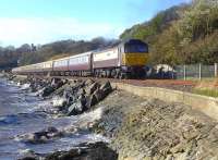 The <I>Northern Belle</I> skirting the Forth on its way from Glasgow Central to Dunfermline nears Culross on 25 October. The train is headed by 47790 and tailed by 57312.<br><br>[Bill Roberton //]