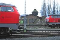 Stabled at the diesel depot in Lubeck on a very grey 26 November 2005 are two of its large allocation of class 218 - 365 (left) and 377. As can be seen the depot was located on the opposite side of the line from the former steam shed but has since closed completely.<br><br>[Bill Jamieson 26/11/2005]